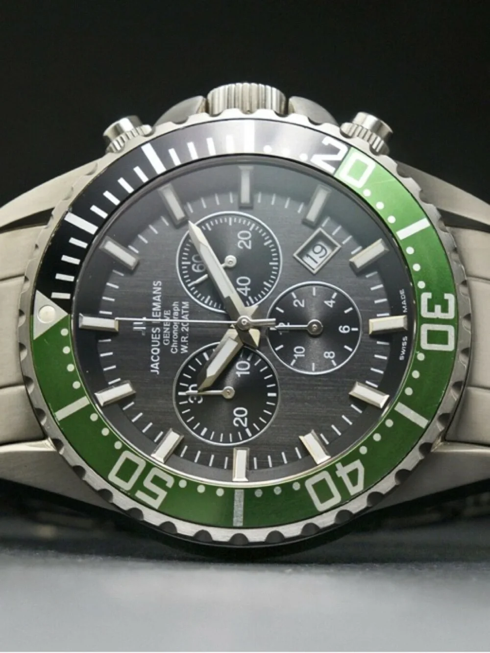 Jacques Lemans Stainless Steel Chrono Watch w/ Green Bezel and Black Dial
